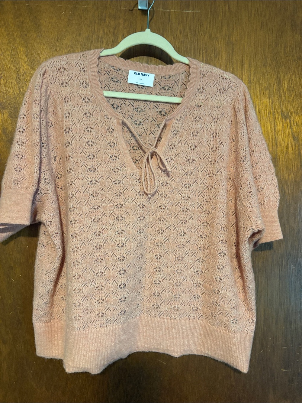 Old Navy Pink Peach Openwork Crochet Tie-Neck Top